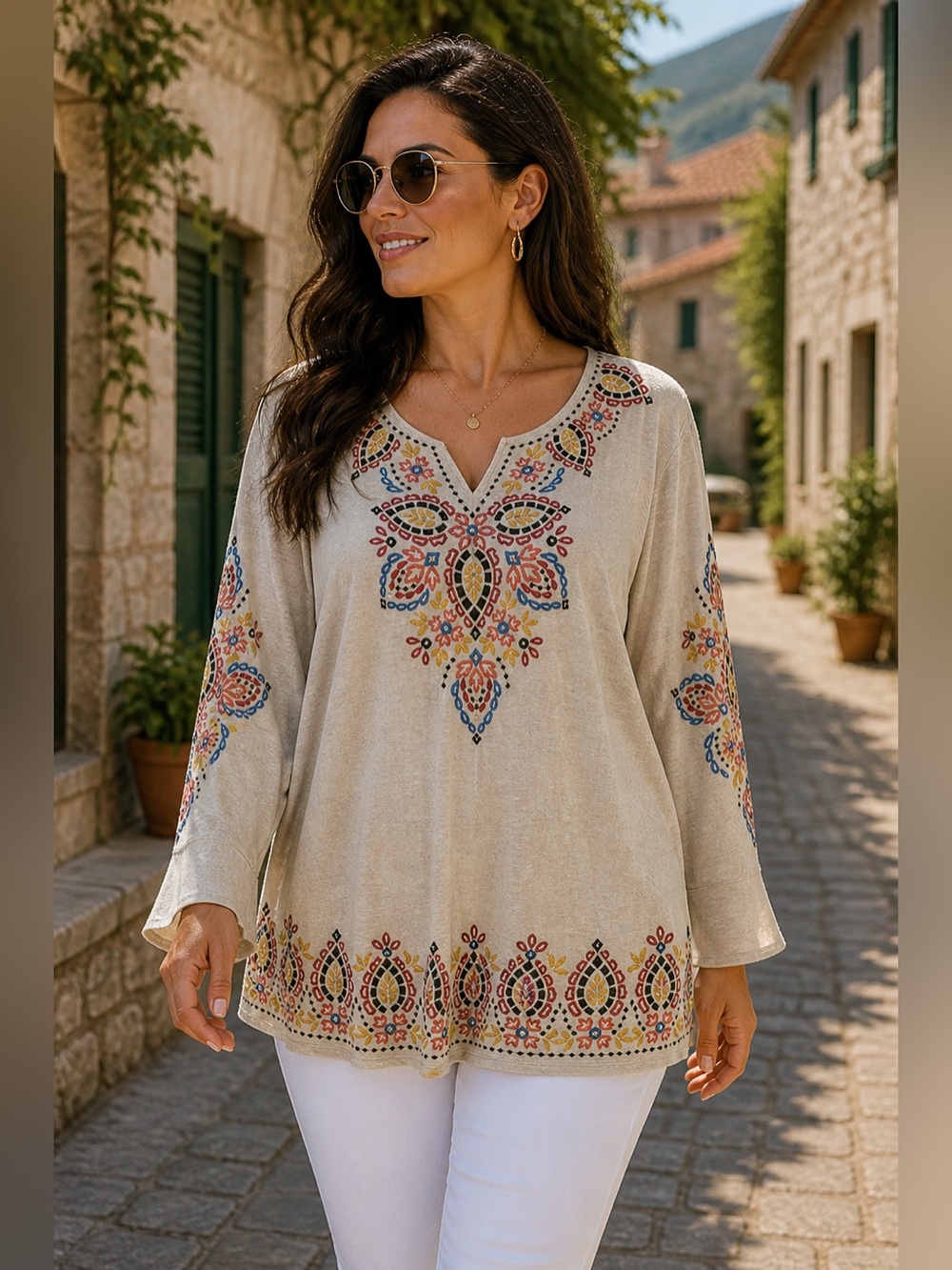 Alfred Dunner Cream Tunic with Colorful Embroidery